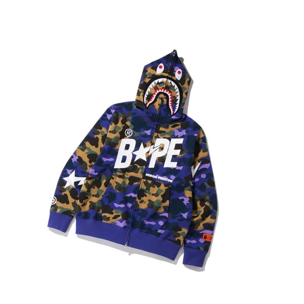 Men's A BATHING APE X Heron Preston Mix 1st Camo Shark Relaxed Full Zip Throughs Hoodie Purple | CHQ108597